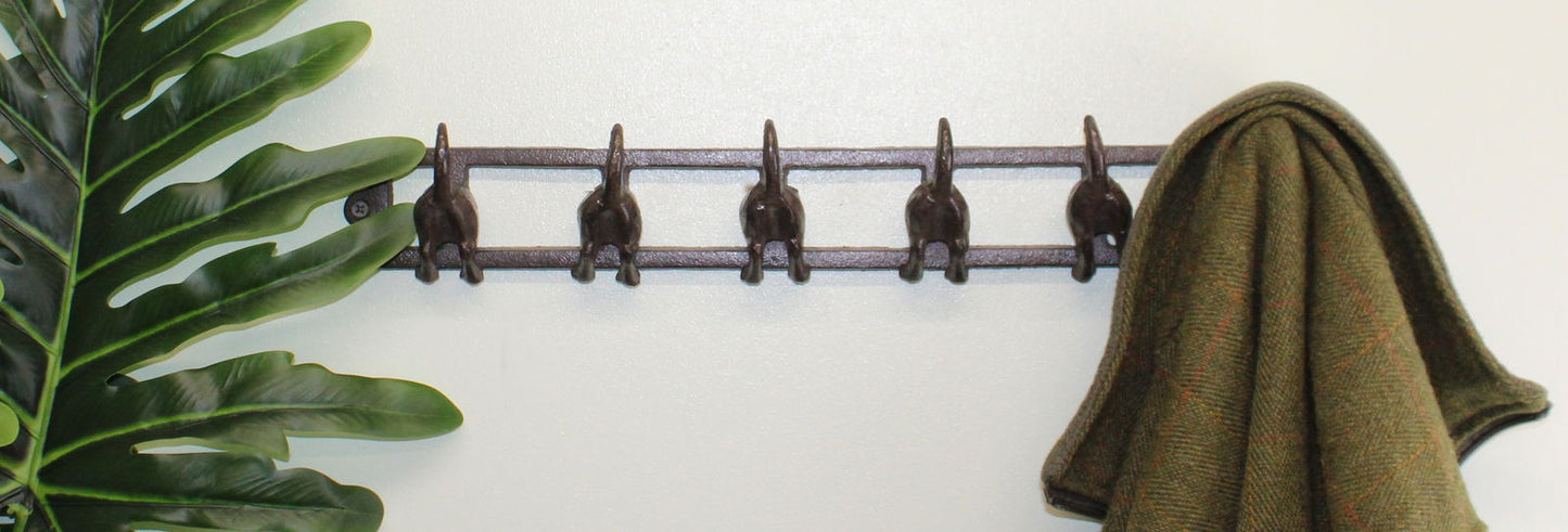 Rustic Cast Iron Wall Hooks, Dog Tail Design With 6 Hooks