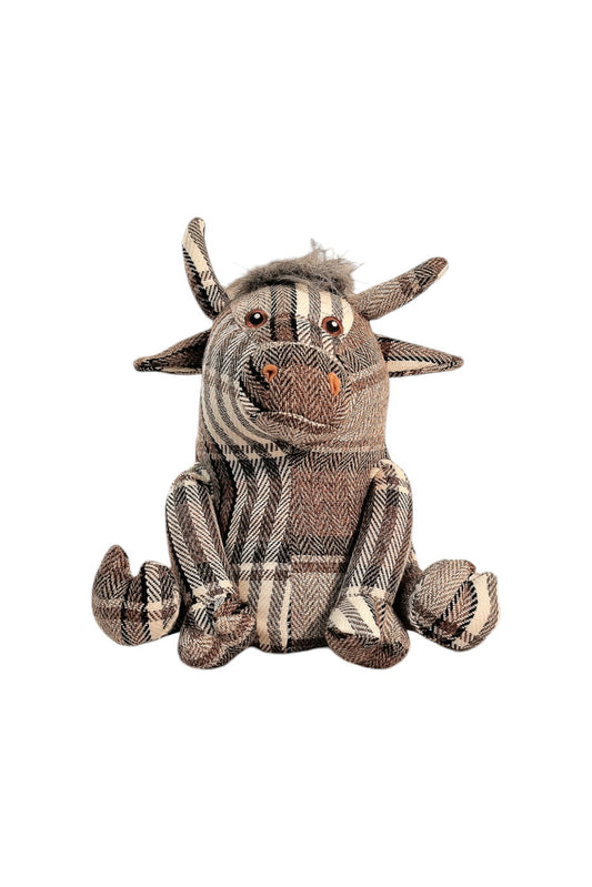 Grey Fabric Tartan Bull Doorstop 30cm